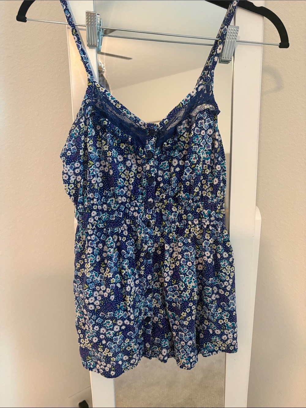 Decree Blue Floral Tank Top with Lace Trim